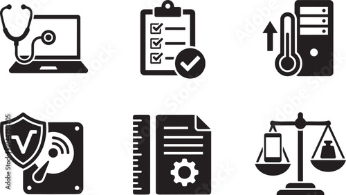Device Posture Assessment and Endpoint Health Security Symbols Solid Black Vector Silhouette Icon Set for Cybersecurity Compliance