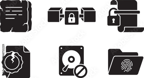 Immutable Logs and Tamper-Proof Data Integrity Symbols Solid Black Vector Silhouette Icon Set for Blockchain and Forensic Audit Records