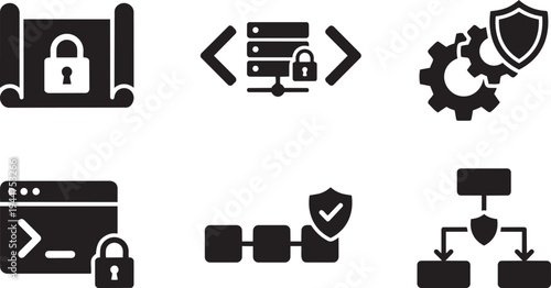 Infrastructure as Code IaC Security and DevSecOps Automation Symbols Solid Black Vector Silhouette Icon Set for Cloud Architecture