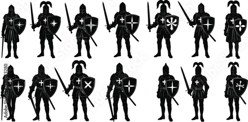 Medieval knights silhouettes with swords and shields, armor warriors, historical battle figures, warrior costumes, ancient soldiers, medieval weaponry, knight vector set