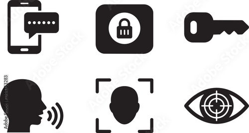 Multi-Factor Authentication (MFA) and Zero-Trust Identity Verification Symbols Solid Black Vector Silhouette Icon Set for Cybersecurity
