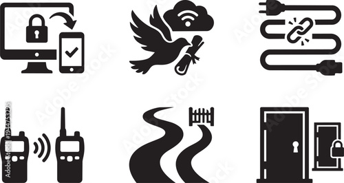 Out-of-band Authentication OOB and Secondary Channel Verification Symbols Solid Black Vector Silhouette Icon Set for Cybersecurity and MFA