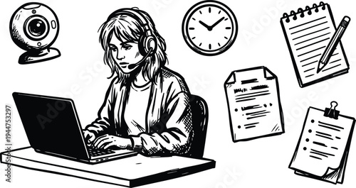 Line art close up woman with headset typing on laptop at desk webcam clock notes papers in monochrome sketch workspace