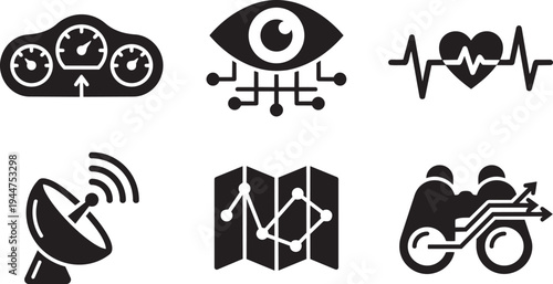 Network Telemetry and Infrastructure Visibility Symbols for Monitoring Systems and Cybersecurity Solid Black Vector Silhouette Icon Set