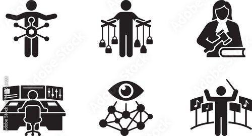Ultimate Zero-Trust Administrator and Security Governance Symbols Solid Black Vector Silhouette Icon Set for Network Orchestration and IAM