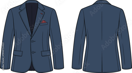 Men’s blazer front and back view, tailored jacket with pocket square, fashion design sketch, CAD drawing flat vector illustration