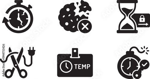 UX/UI Session Management and Timeout Security Symbols Solid Black Vector Silhouette Icon Set for Web and App Interface Design