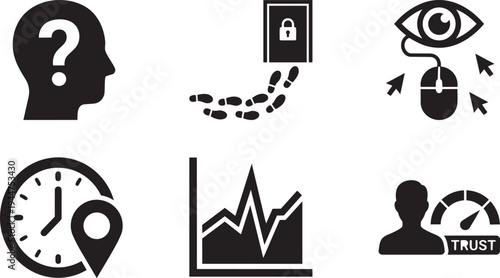 User Context and Behavior Analytics Symbols for Cybersecurity UEBA Anomaly Detection and Digital Footprint Solid Black Vector Silhouette Icon Set