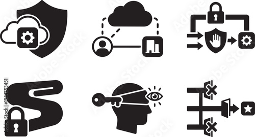 Zero Trust Network Access ZTNA Symbols for Secure Application Cloaking and Broker Mediated Access Solid Black Vector Silhouette Icon Set