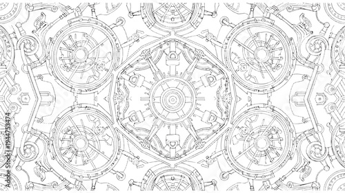 A detailed black and white adult coloring page featuring a complex mechanical design with interconnected gears and cogs, perfect for relaxation and creativity.