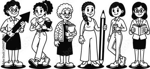 Retro cartoon 90s line art six women standing with arrow pencil books clipboard coffee smiling facing forward casual office scene