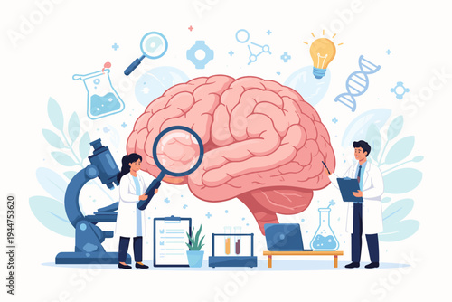 Modern neuroscience research concept with scientists examining human brain using magnifying glass and microscope. Comprehensive vector illustration for medical study, mental health, and psychology.