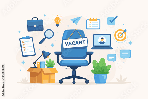 Job Vacancy Concept Illustration with Empty Blue Office Chair, Vacant Sign, and Recruitment Icons like Briefcase, Laptop, Checklist, and Target for Hiring, Employment, and Human Resources.