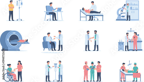 Professional medical healthcare service set with doctors examining patients doing surgery mri scan and laboratory research for hospital concept flat vector,