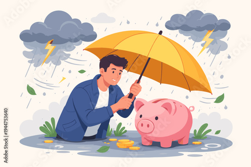 Man Protecting Piggy Bank with a Yellow Umbrella During a Storm and Rain, Financial Security and Insurance Concept, Saving Money for a Rainy Day, Investment Protection, Flat Vector Illustration