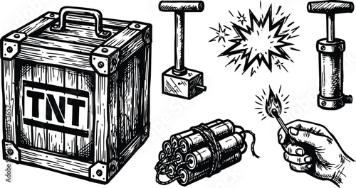 Engraving style close up of wooden tnt crate with dynamite bundle and plunger and hand lighting match sparking fuse explosion
