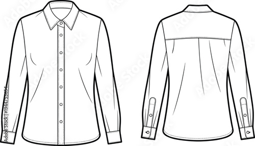 Men’s shirt design illustration, fashion sketch, button-up template, front and back view, sewing guide, apparel pattern, stylish clothing concept