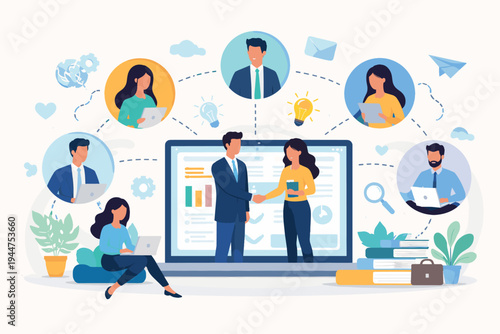 Business networking and online communication illustration featuring a diverse team collaborating remotely through digital platforms, video conferencing, and global connectivity for work success.