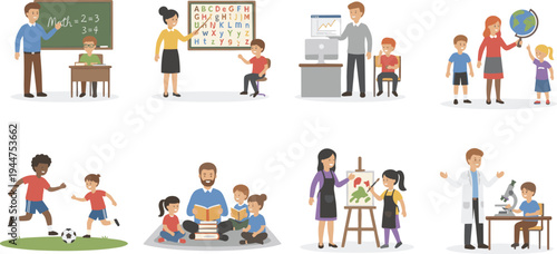 Teachers and children in different classroom learning activities including math science geography art and physical education classes flat vector illustration set,