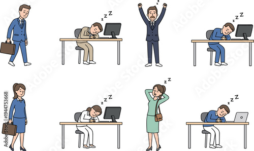 Tired business people and office workers sleeping on desks yawning and feeling exhausted due to overwork or sleep deprivation flat vector,