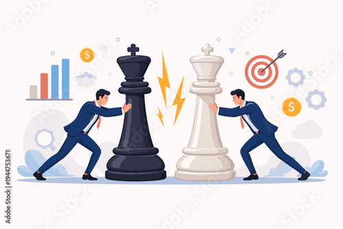 Business Rivalry Concept Illustration with Two Businessmen Pushing Giant Chess Kings Against Each Other, Representing Strategic Competition, Corporate Conflict, Market Battle, and Leadership.