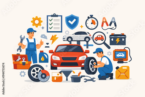 Professional car service and auto repair vector illustration featuring mechanics working on vehicles with tools, tires, oil, battery, and diagnostic equipment in a modern garage workshop.