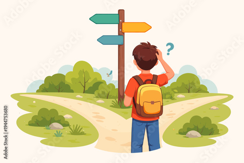 Confused Boy with Backpack Standing at Crossroads and Looking at Blank Signpost, Vector Illustration of Young Traveler Making a Difficult Decision or Choosing a Life Path at a Fork in the Road