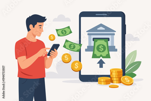 Vector illustration of a man making a money deposit using a mobile banking app on a smartphone, featuring digital currency, gold coins, and dollar bills entering a virtual bank building icon.
