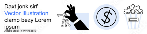 Real estate, finance, entertainment, management, investments, recreation. Black hand holding keys, dollar symbol popcorn bucket. Real estate and finance concepts for marketing and design projects