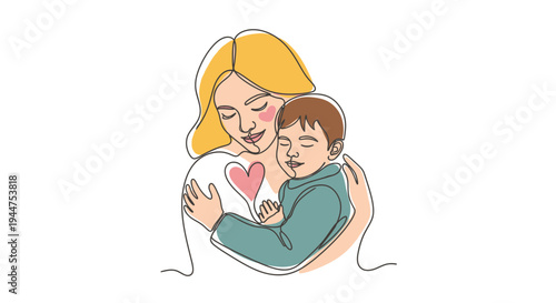 Abstract Continuous Line Mother Child Affection