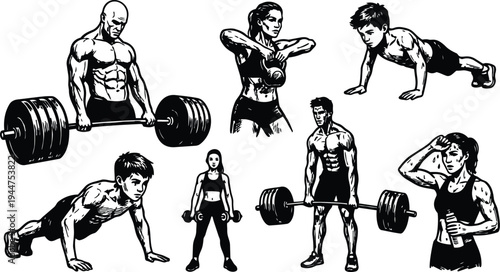 Line art fitness montage showing muscular figures performing deadlift kettlebell swing push up dumbbell carry and sweaty woman drinking water