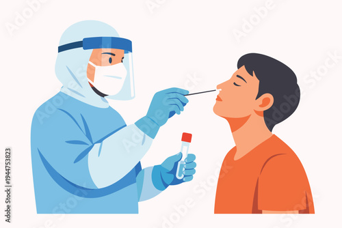 Medical professional in full protective PPE gear performing a nasal swab diagnostic test on a patient for COVID-19 or respiratory virus, flat vector illustration of healthcare screening procedure.
