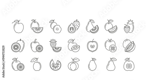 Outline icons display various whole and sliced fruits.
