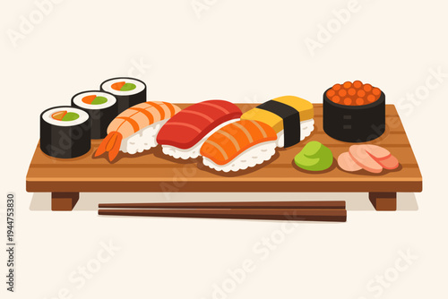 Delicious Japanese sushi set on a wooden platter featuring salmon, tuna, shrimp nigiri, maki rolls, ikura gunkan, wasabi, ginger, and chopsticks. Flat vector illustration for restaurant menus.