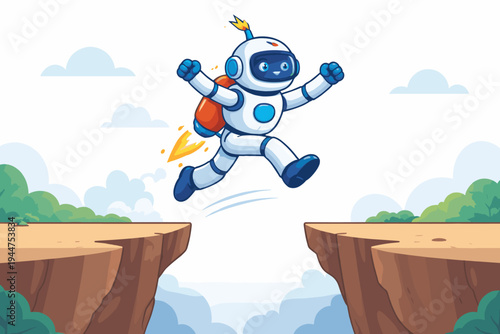 Cute robot with jetpack jumping over a cliff gap as a metaphor for overcoming obstacles, success, and innovation. Flat vector illustration of a brave android achieving goals and progress.