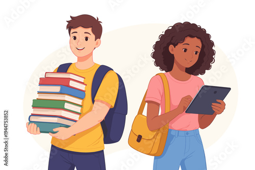 Flat Vector Illustration of Diverse Students; Boy Holding a Large Pile of Books and Girl Using a Digital Tablet, Comparing Traditional Paper Learning with Modern Technology in Education.