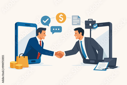 Vector illustration of two businessmen shaking hands through mobile phone screens for online business deal, digital transaction, remote partnership, and e-commerce via mobile app technology.