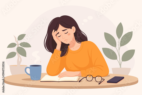Tired and Depressed Young Woman Sitting at a Table Feeling Fatigued and Exhausted, Simple Flat Vector Illustration of Burnout, Stress, and Mental Health Issues while Studying or Working at Home
