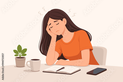 Tired Woman Sitting at Table Feeling Depressed and Fatigued, Simple Flat Vector Illustration of Exhausted Girl with Headache, Stress, Burnout, Mental Health Issues, Overworked Student at Desk