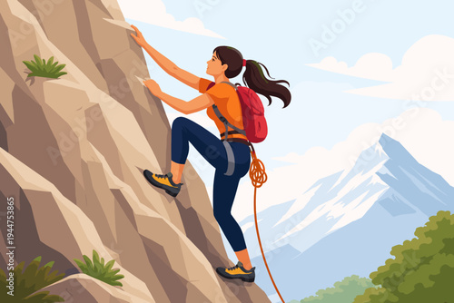 Flat vector illustration of a brave woman rock climbing up a steep mountain cliff, wearing a red backpack and harness, challenging herself outdoors with snowy peaks and a clear blue sky background.