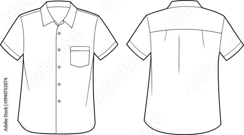 Men’s short sleeve shirt template, button-up front design, single chest pocket, fashion technical sketch, classic summer casual wear