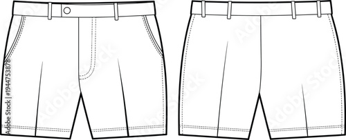 Men’s shorts front back views, casual summer wear, simple design, belt loops, side pockets, comfortable fit, clothing illustration, fashion template, apparel design, stitching details