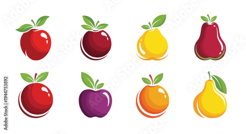 Fruit collection features apples, plums, and pears abstractly.