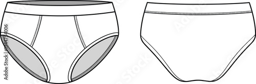 Men's and women's briefs, front and back view, fashion sketch template, seamless underwear design, clothing mockup, vector apparel layout
