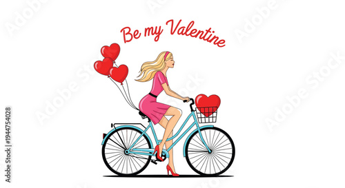 A woman with heart balloons rides a bicycle, saying, "Be mine."