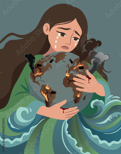 Sorrowful mother earth figure crying while holding a burning planet, symbolizing the devastation of world wars and environmental destruction, vector art