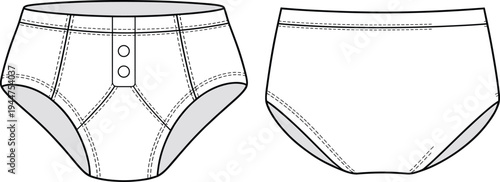 Men's and women's underwear illustration, technical sketch, garment design, stitching details, button accents, fashion template, clothing blueprint, apparel drawing