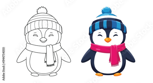 A penguin wearing a winter hat and scarf shows an outline.