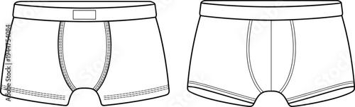 Men's boxer briefs comparison, front view illustration, fashion template, garment sketch, stitching details, clothing design, apparel layout, vector mockup