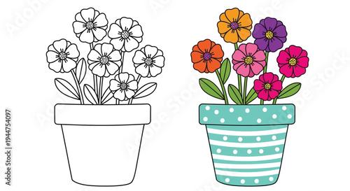The coloring book set shows flowers in a decorated pot.